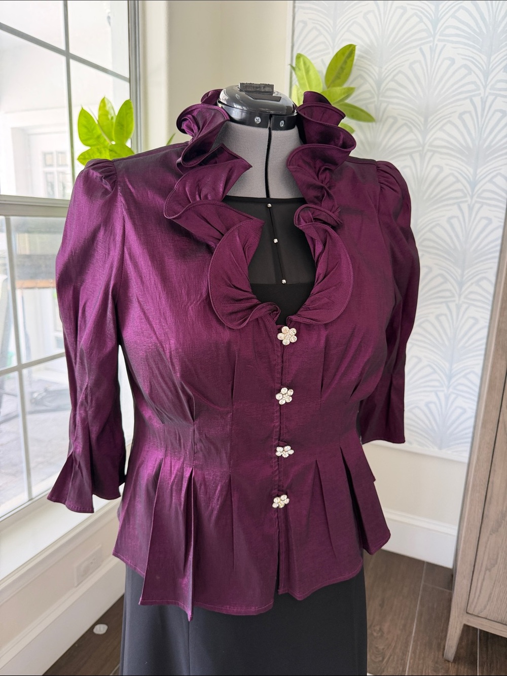 Chetta B Deep Plum Satin Ruffle-Trim Blouse